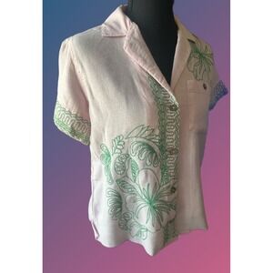 Urban Outfitters Pink Green Floral Embroidered Cotton Viscose Button Up Shirt XS